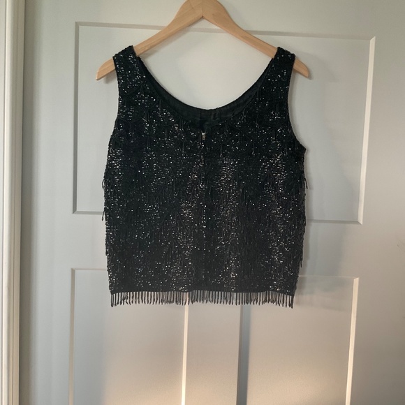 Helen Wong Top Womens Black Wool Sequin Beads Tassel Vintage Sleeveless Party - Picture 3 of 6